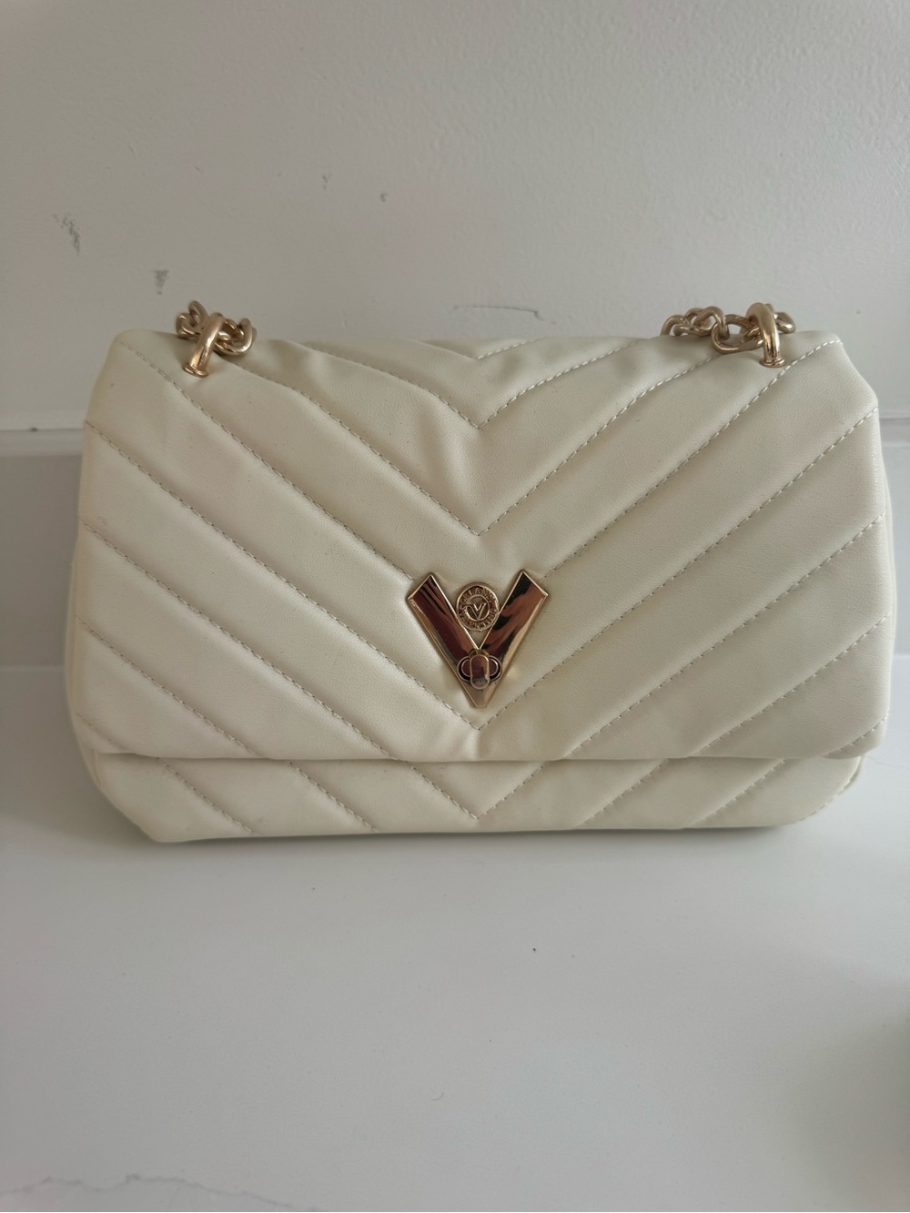 Valentino Orlandi Cream Quilted Shoulder Bag with Gold Hardware